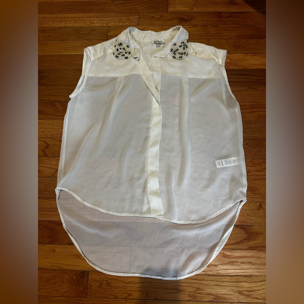Buffalo David Button Sheer Sleeveless Top‎ Ornate Beaded Embellished Collar Med